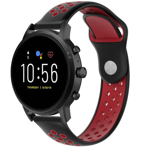 Silicone Sport Strap, black/red, on a watch, 3/4 front view