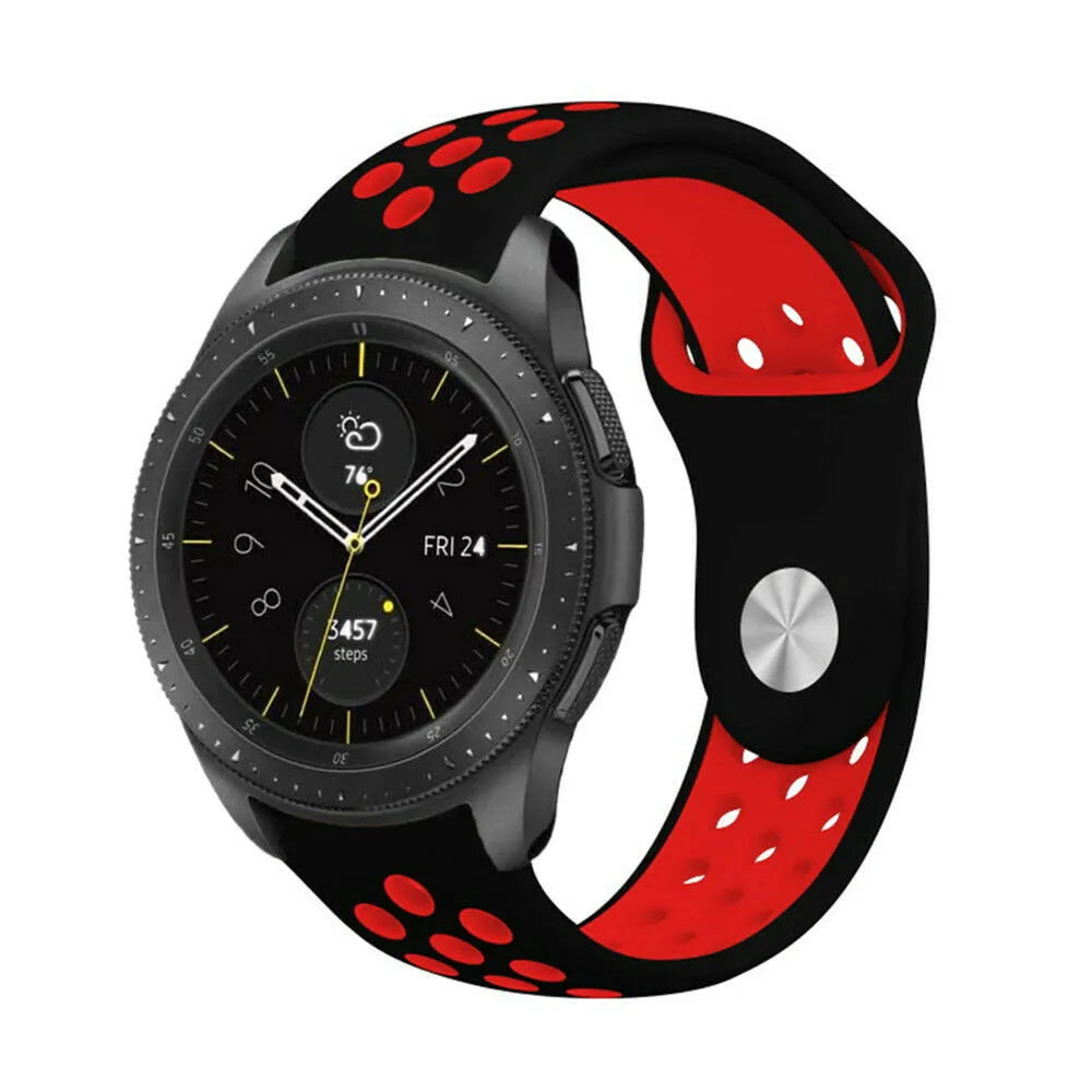 Silicone Sport Strap, black/red, on a watch, 3/4 front view
