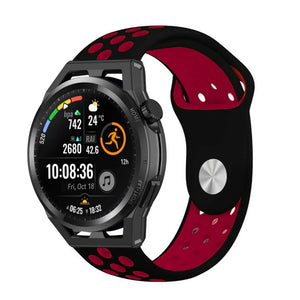 Silicone Sport Strap, black/red, on a watch, 3/4 front view