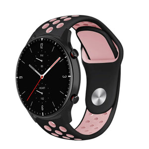 Silicone Sport Strap, black/pink, on a watch, 3/4 front view