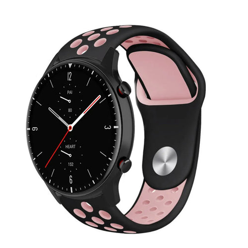 Silicone Sport Strap, black/pink, on a watch, 3/4 front view