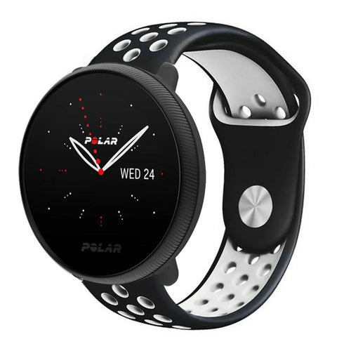 Silicone Sport Strap, black/white, on a watch, 3/4 front view