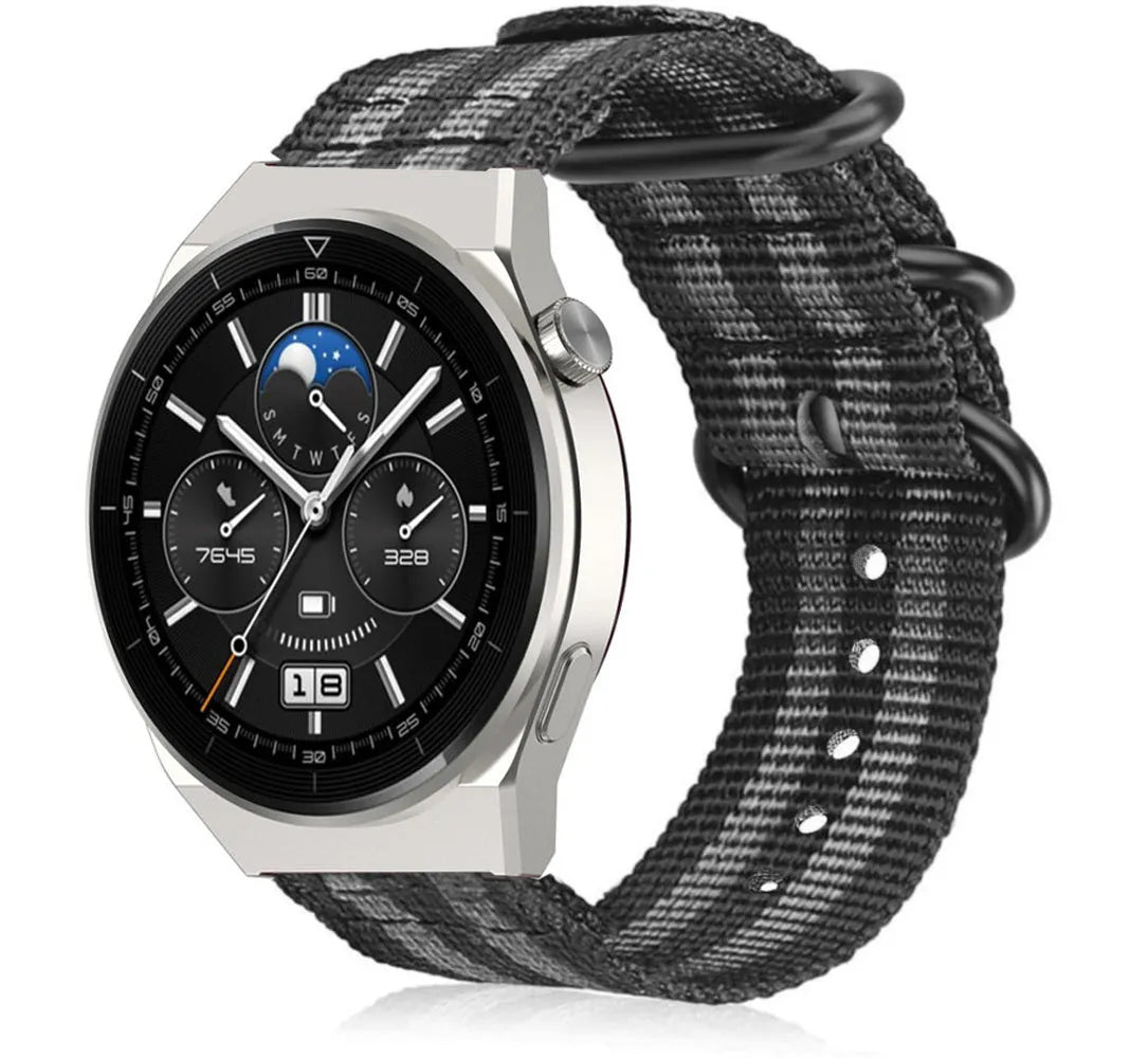 Nylon Buckle Strap, black/grey, on a watch, 3/4 front view