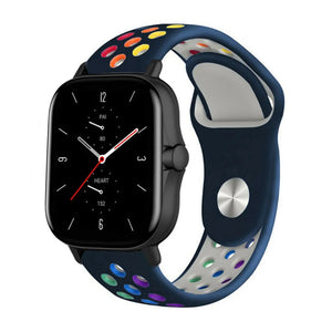 Silicone Sport Strap, dark blue/colourful, on a watch, 3/4 front view