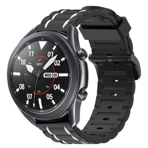 Silicone Sport Strap with Buckle, black/white, on a watch, 3/4 front view