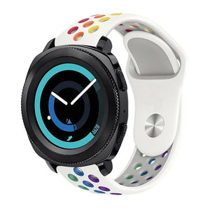 Silicone Sport Strap, white/colourful, on a watch, 3/4 front view