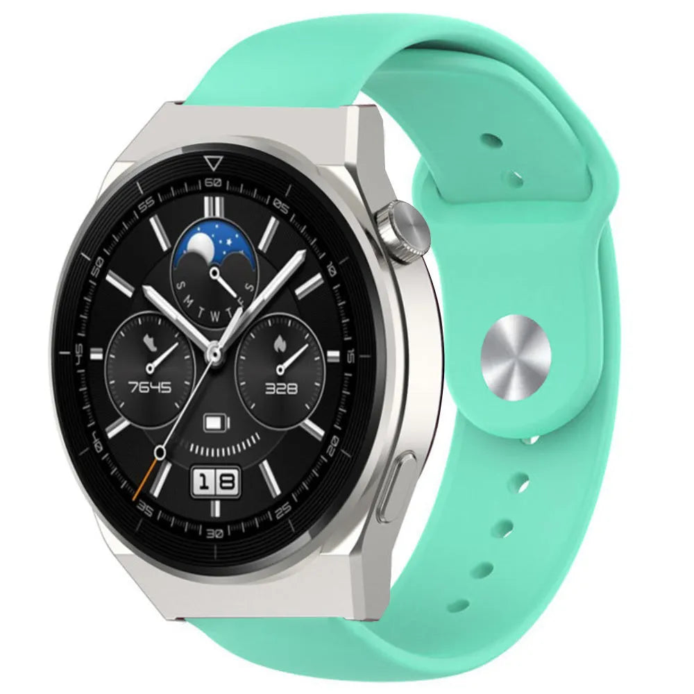 Silicone Sport Strap, aqua, on a watch, 3/4 front view