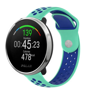 Silicone Sport Strap, aqua/blue, on a watch, 3/4 front view