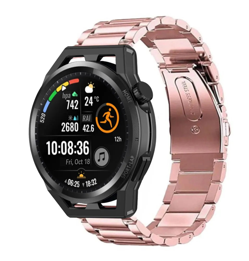Steel Strap, pink, on a watch, 3/4 front view