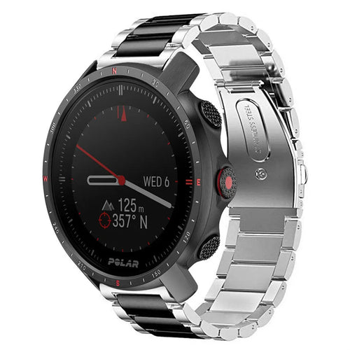 Steel Strap, silver/black, on a watch, 3/4 front view