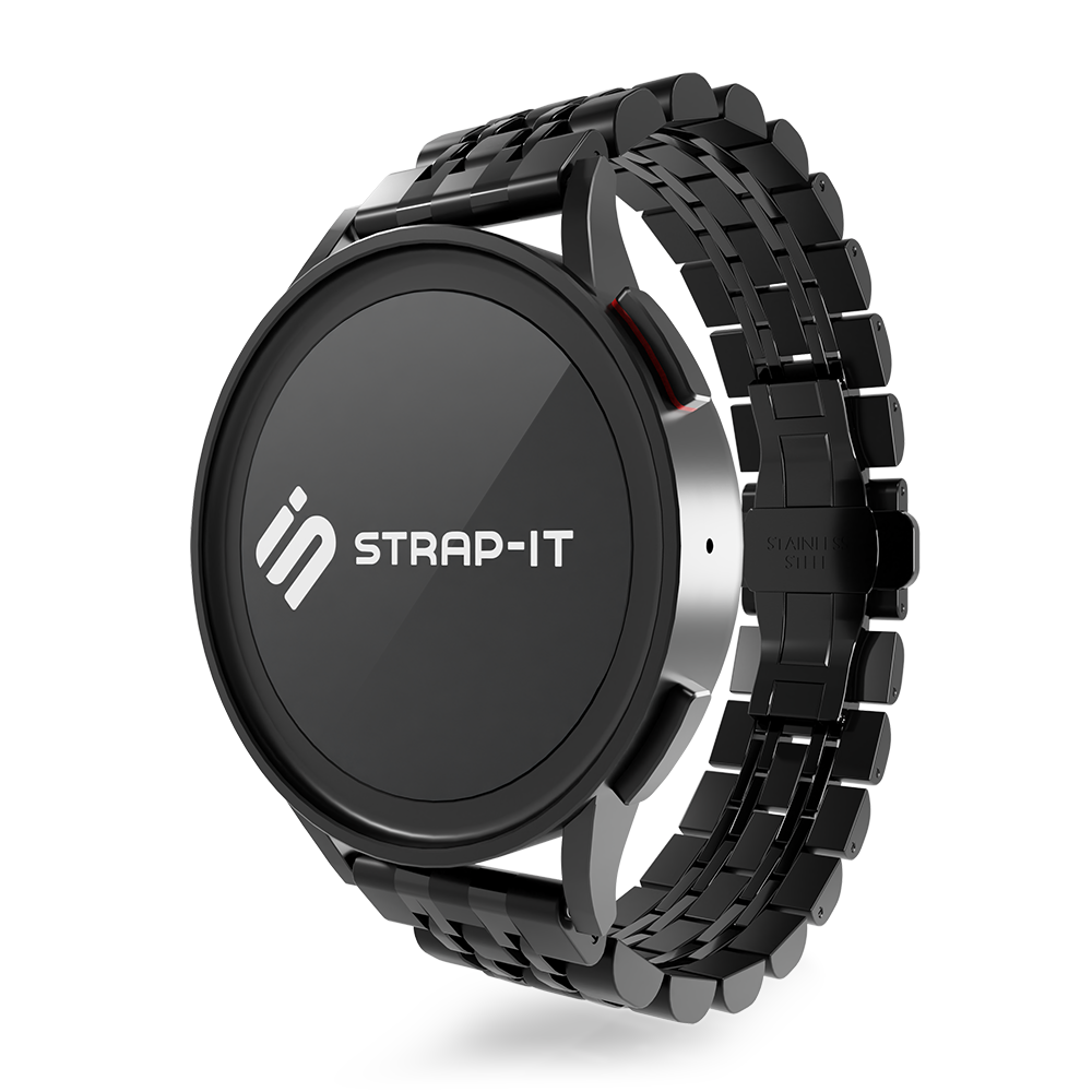 Steel Link Strap 'Duo', black, on a watch, 3/4 front view