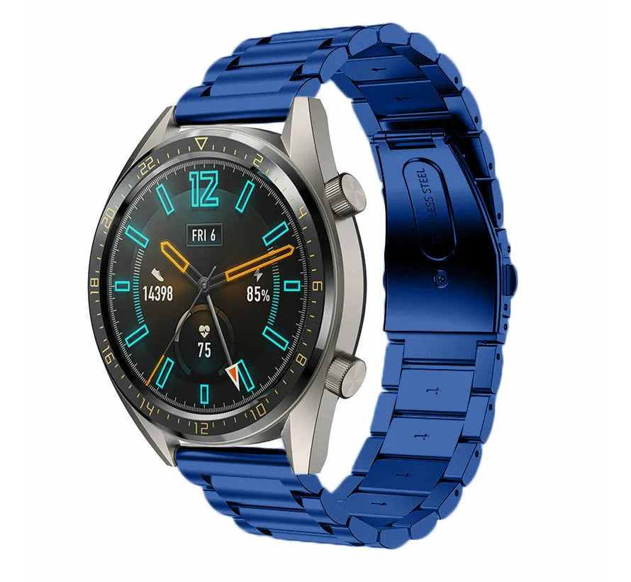 Steel Strap, blue, on a watch, 3/4 front view