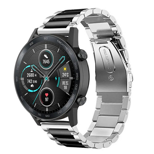 Steel Strap, silver/black, on a watch, 3/4 front view