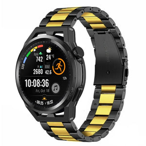 Steel Strap, black/gold, on a watch, 3/4 front view