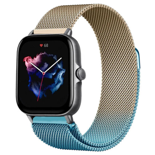 Milanese Strap, blue/gold, on a watch, 3/4 front view