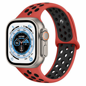 Silicone Sport Strap, red/black, on a watch, 3/4 front view