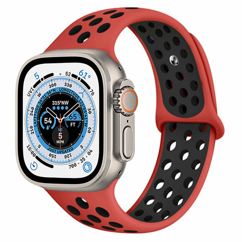 Silicone Sport Strap, red/black, on a watch, 3/4 front view