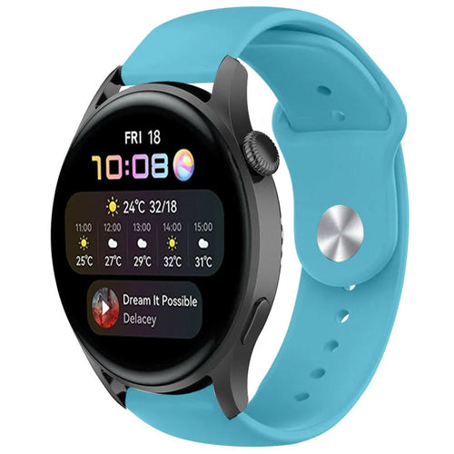 Silicone Sport Strap, light blue, on a watch, 3/4 front view