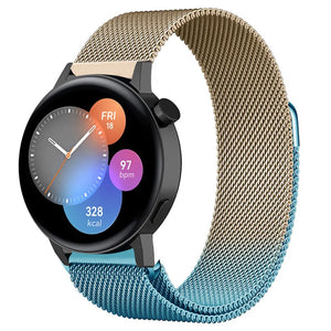 Milanese Strap, blue/gold, on a watch, 3/4 front view