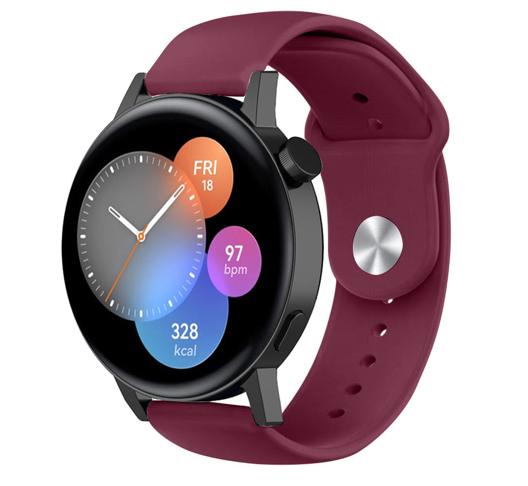 Silicone Sport Strap, burgundy, on a watch, 3/4 front view