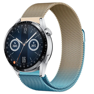 Milanese Strap, blue/gold, on a watch, 3/4 front view