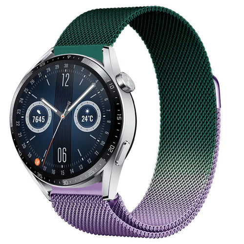 Milanese Strap, purple/green, on a watch, 3/4 front view