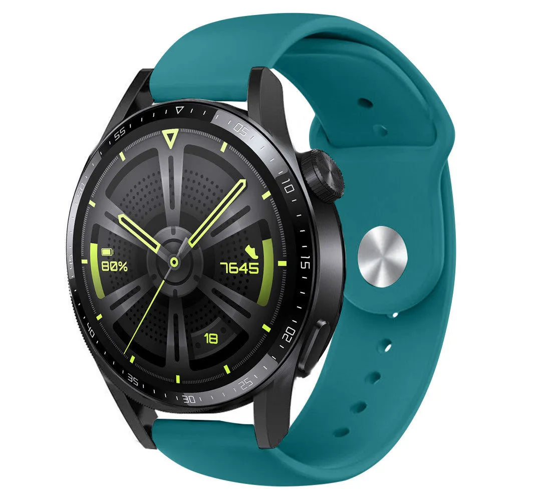 Silicone Sport Strap, green-blue, on a watch, 3/4 front view