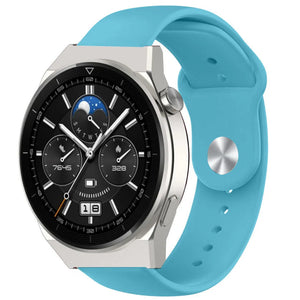 Silicone Sport Strap, light blue, on a watch, 3/4 front view