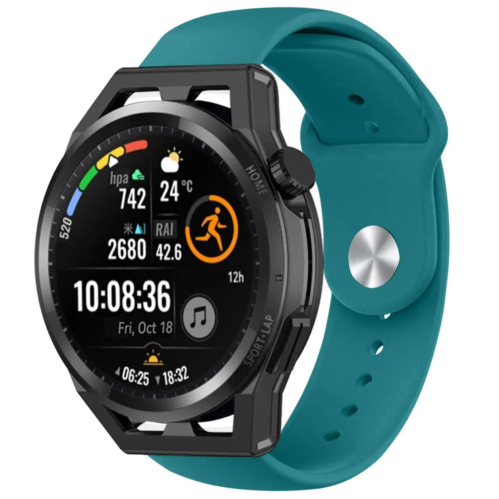 Silicone Sport Strap, green-blue, on a watch, 3/4 front view