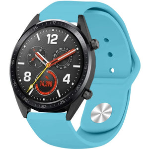 Silicone Sport Strap, light blue, on a watch, 3/4 front view