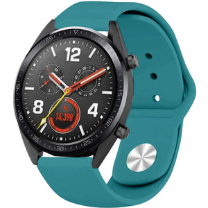 Silicone Sport Strap, green-blue, on a watch, 3/4 front view