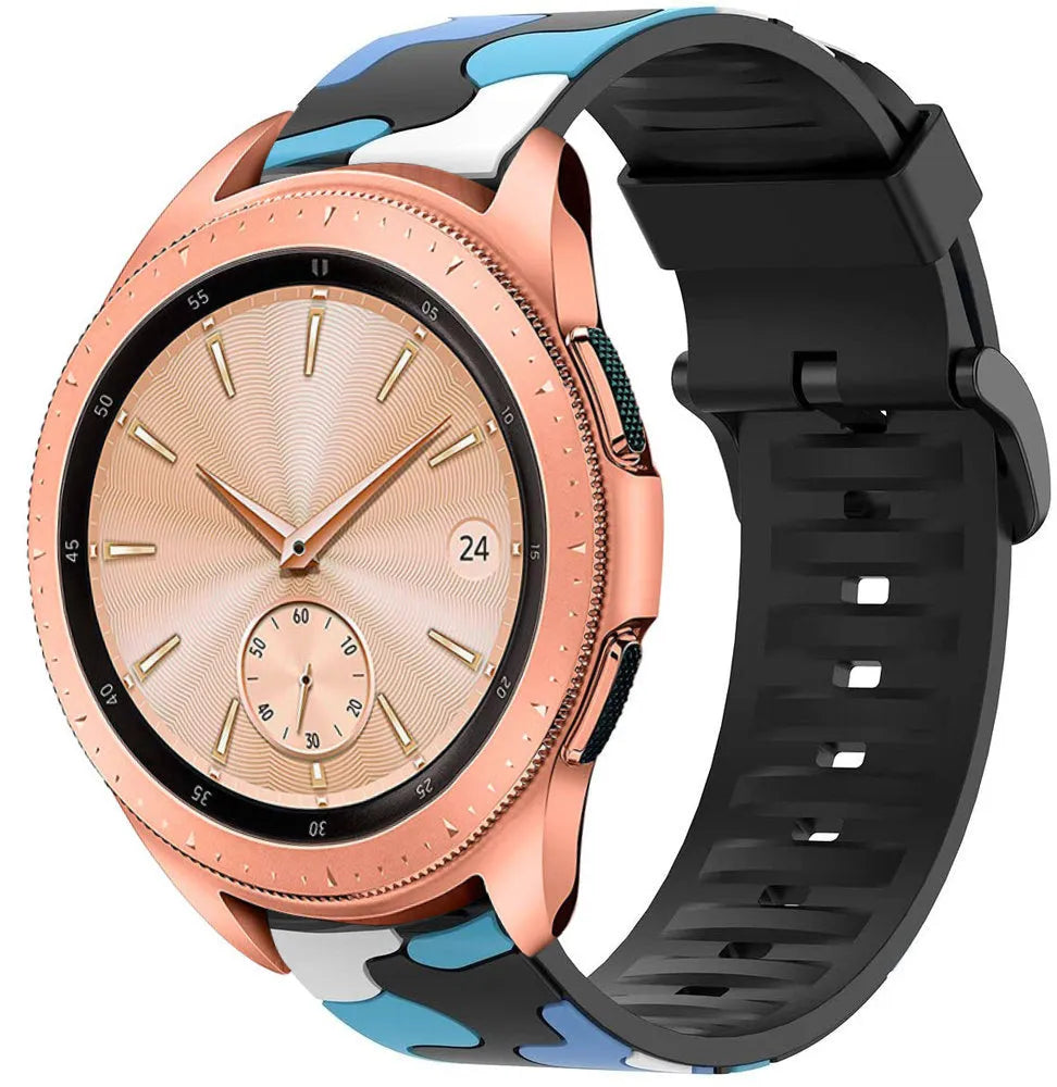 Silicone Camo Strap, blue, on a watch, 3/4 front view