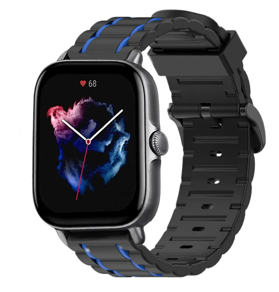 Silicone Strap 'Tough', black/blue, on a watch, 3/4 front view
