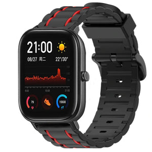 Silicone Strap 'Tough', black/red, on a watch, 3/4 front view