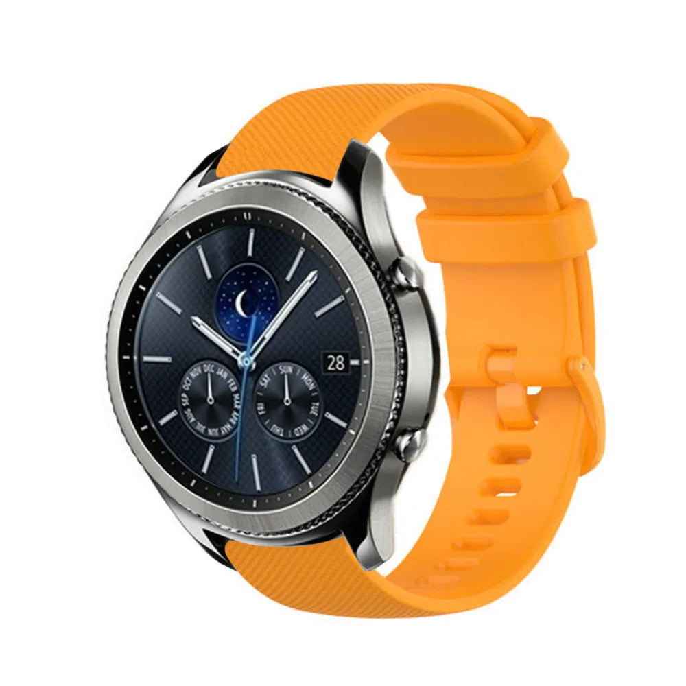Premium Silicone Strap, orange, on a watch, 3/4 front view