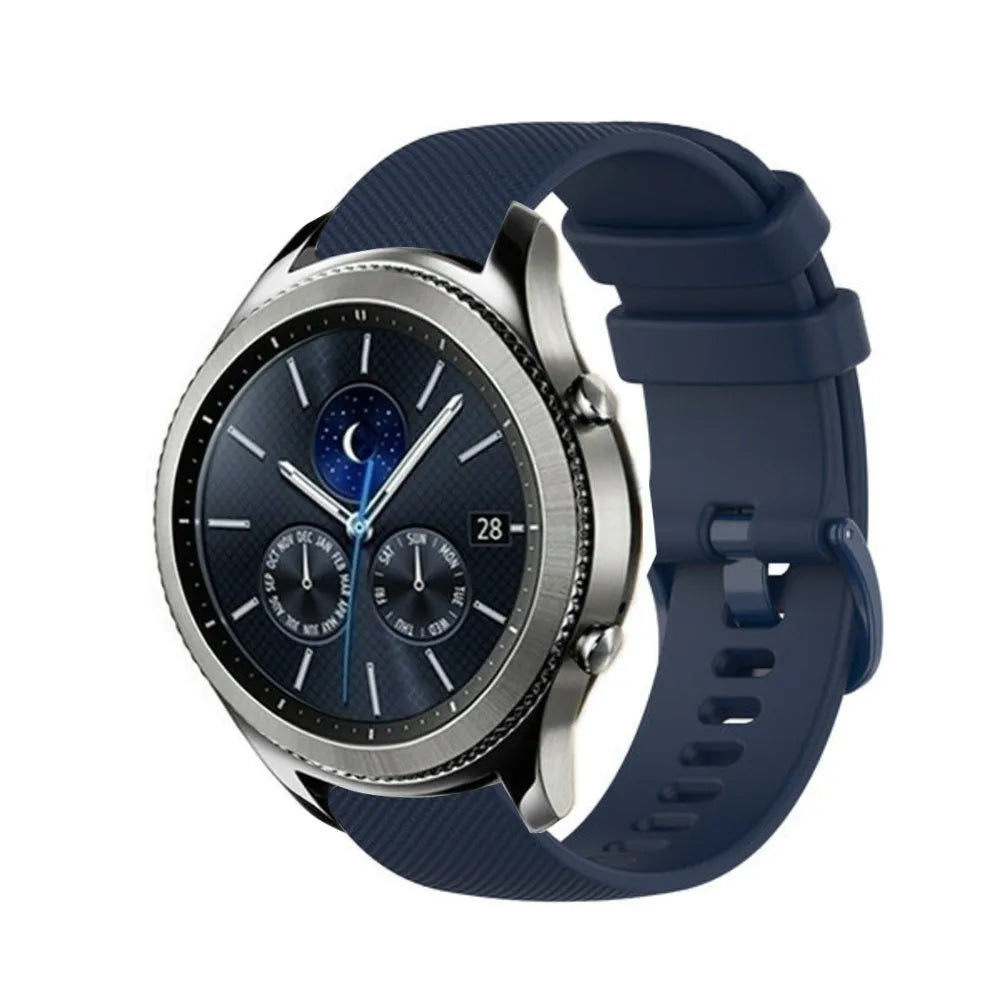 Premium Silicone Strap, dark blue, on a watch, 3/4 front view