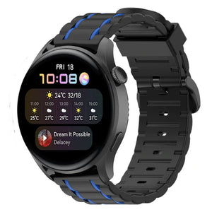 Silicone Sport Strap with Buckle, black/blue, on a watch, 3/4 front view