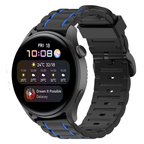 Silicone Sport Strap with Buckle, black/blue, on a watch, 3/4 front view