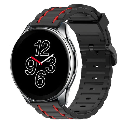 Silicone Sport Strap with Buckle, black/red, on a watch, 3/4 front view