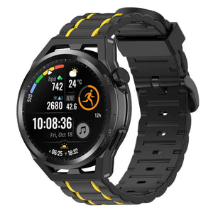 Silicone Sport Strap with Buckle, black/yellow, on a watch, 3/4 front view