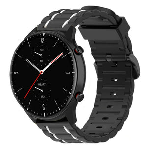 Silicone Sport Strap with Buckle, black/white, on a watch, 3/4 front view