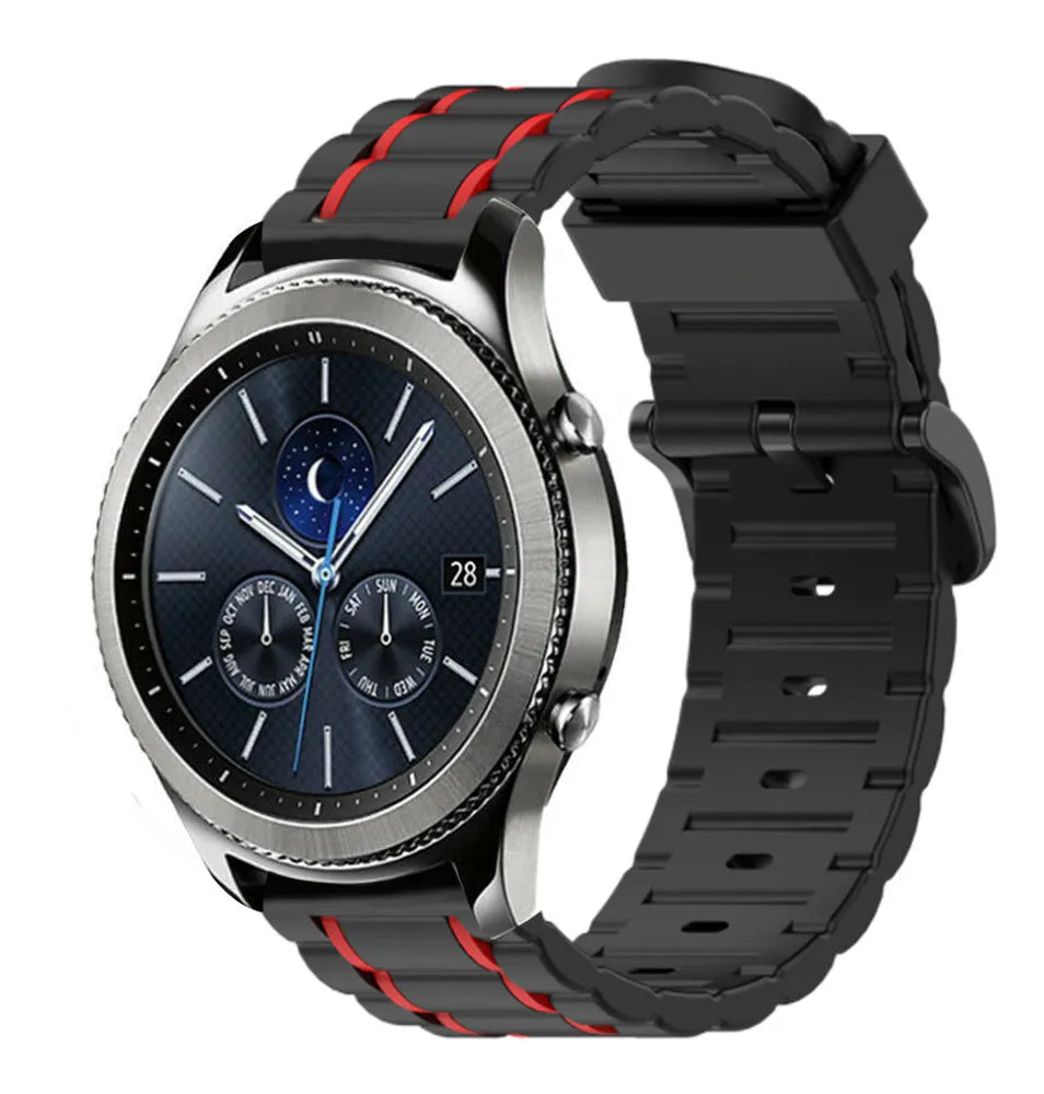 Silicone Sport Strap with Buckle, black/red, on a watch, 3/4 front view