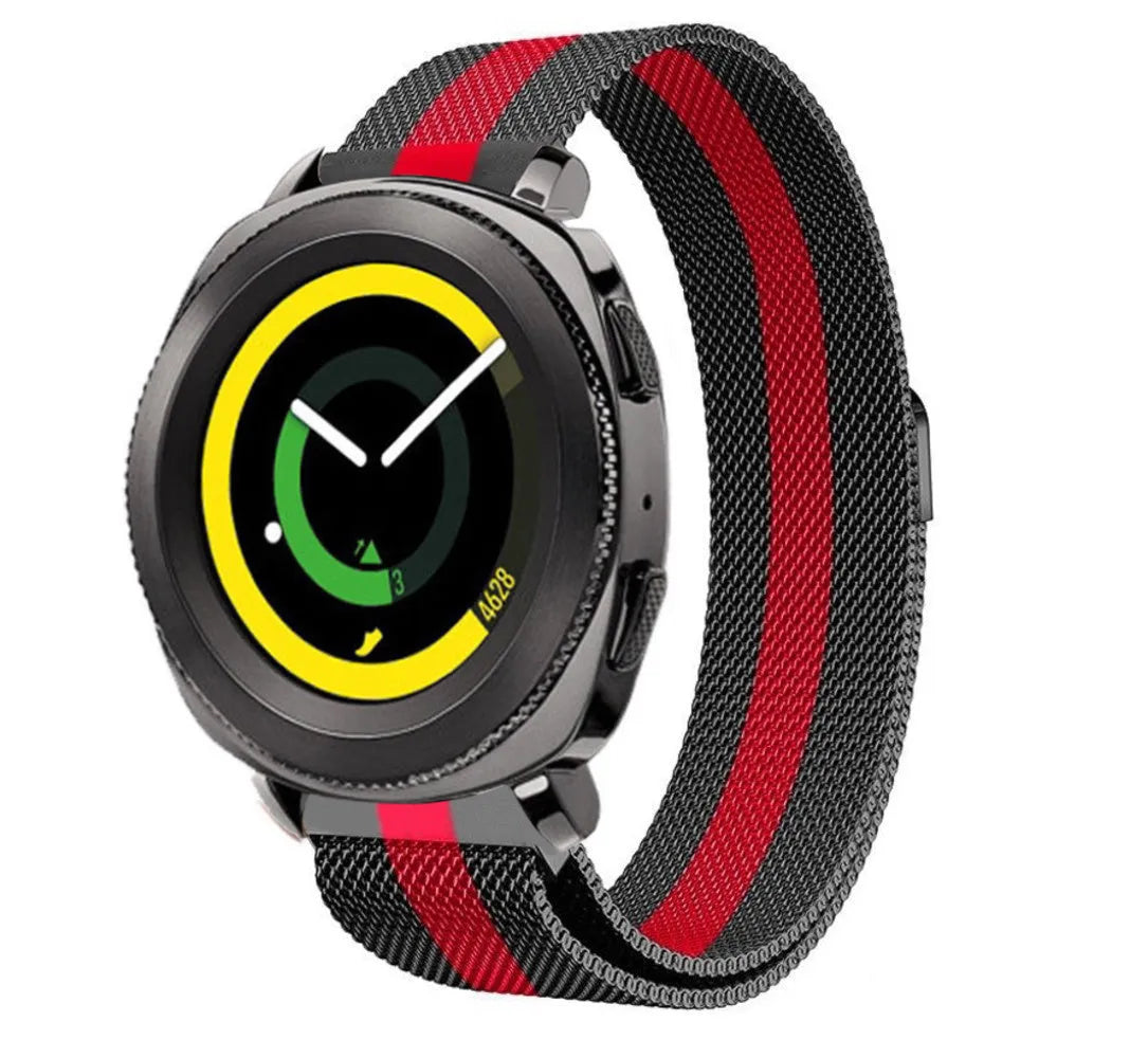 Milanese Strap, black/red, on a watch, 3/4 front view