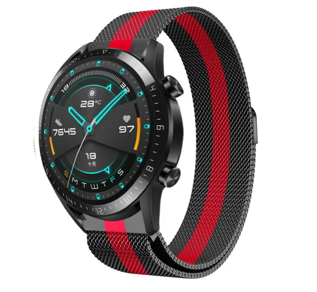 Milanese Strap, black/red, on a watch, 3/4 front view