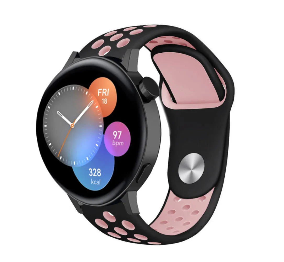 Silicone Sport Strap, black/pink, on a watch, 3/4 front view