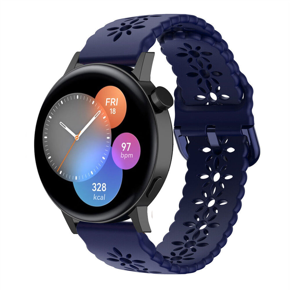 Patterned Silicone Strap, dark blue, on a watch, 3/4 front view