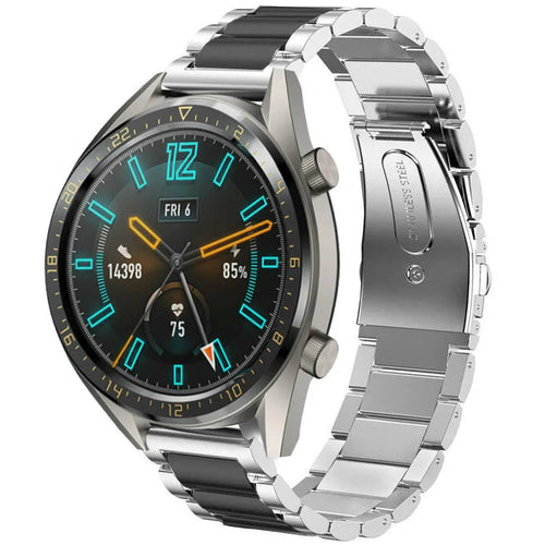 Steel Strap, silver/black, on a watch, 3/4 front view