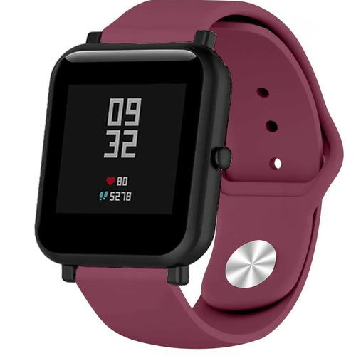 Silicone Sport Strap, burgundy, on a watch, 3/4 front view