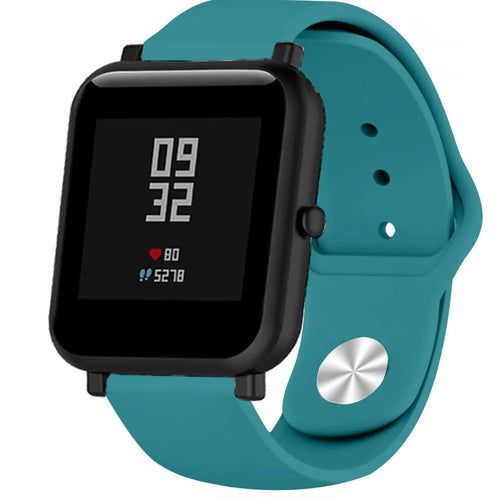 Silicone Sport Strap, green-blue, on a watch, 3/4 front view