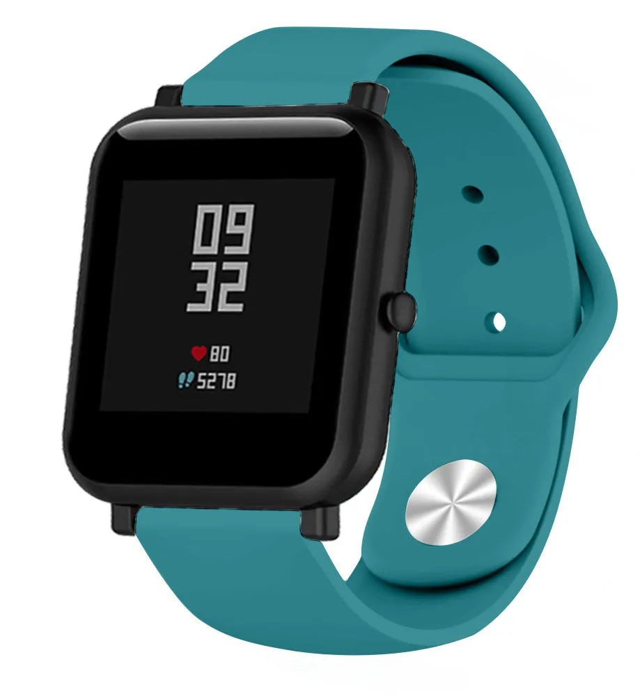 Silicone Sport Strap, green-blue, on a watch, 3/4 front view